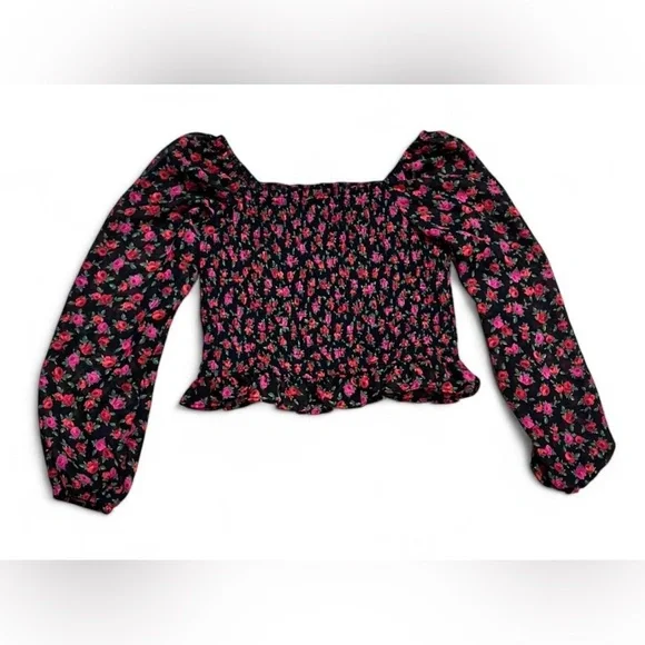 Art Class Women’s Cropped Black and Pink Floral Blouse with Sheer Sleeves - Picture 2 of 7